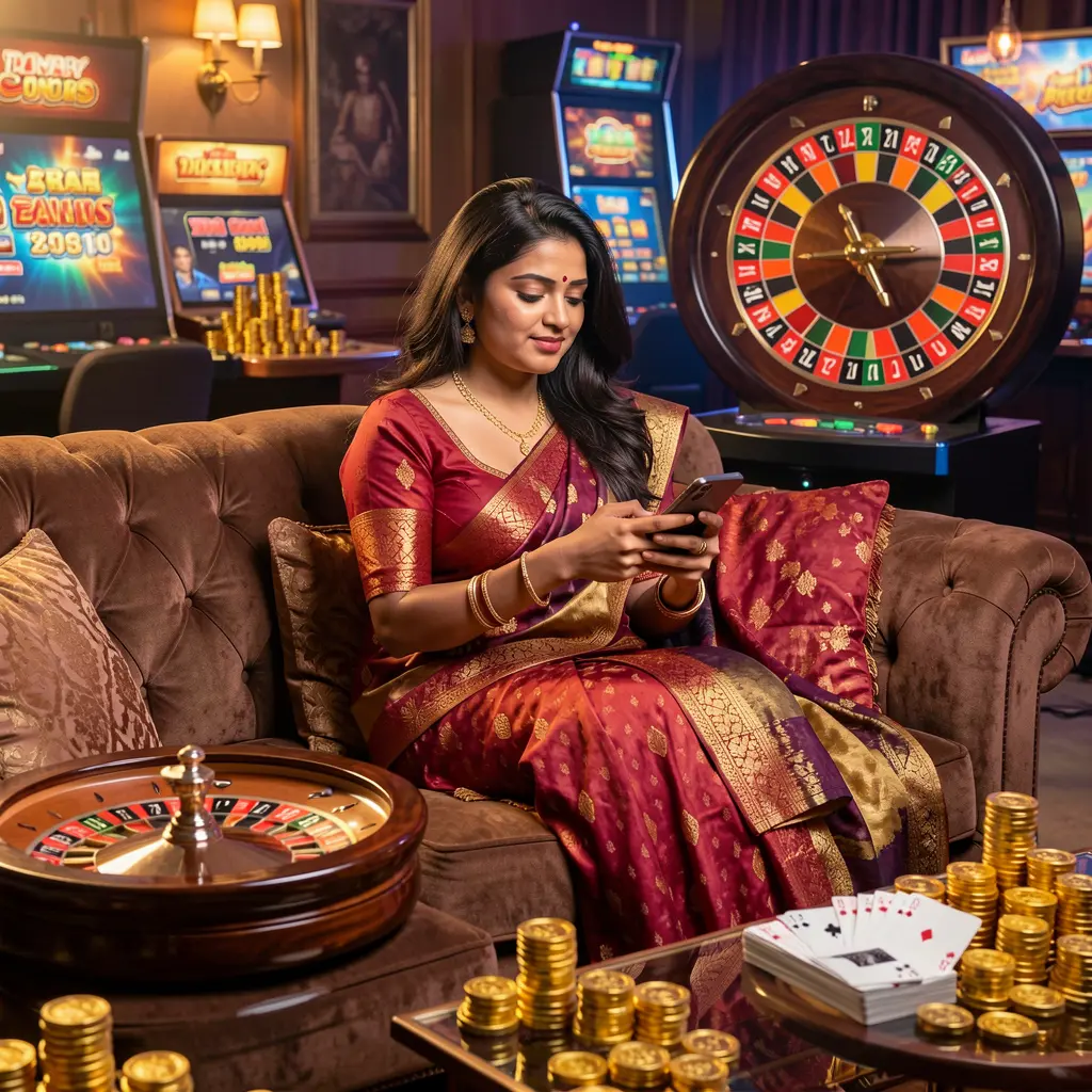 Confident Bangladeshi woman relaxing on a sofa while using the AQ555 casino app surrounded by glowing roulette wheels cards and gold coins