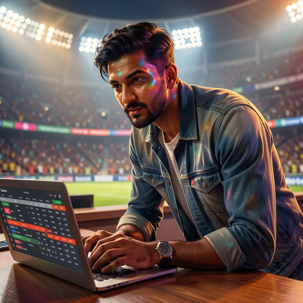 Focused Bangladeshi sports bettor using a laptop with live cricket odds during an intense match atmosphere on AQ555