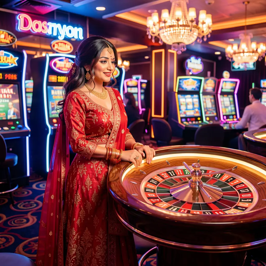 Elegant woman in a red dress standing by a glowing roulette table in a vibrant casino atmosphere showcasing the luxury gaming experience at AQ555 for players in Bangladesh