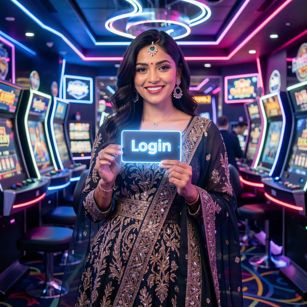 Confident Bangladeshi woman holding a glowing login card in a neon casino environment representing secure access at AQ555