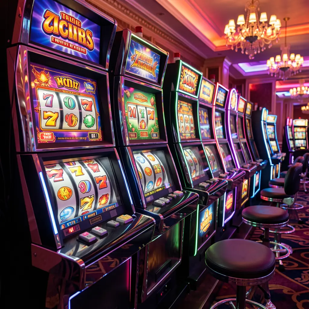 Close up of classic slot machine reels with lucky sevens and cherries glowing in a dark casino atmosphere at AQ555 online casino for Bangladesh